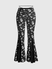 ROMWE Gothic Sexy V-Waist Tie-Up Flare Pants With Skull Print And Velvet Patchwork For Women - Black - View 1