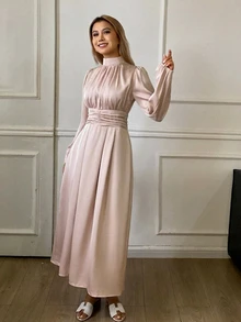 DAZY 女款純色收腰傘裙立領長袖優雅正式度假風春秋長洋裝 - 粉色 - 查看 6