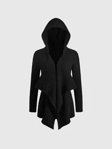 ROMWE Gothic Wanderer Style Hooded Asymmetrical Hem Ribbed Long Sleeve Cardigan For Women - Black - View 1