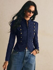 Poéselle Jaket Napoleon Kasual Wanita Lengan Panjang Bergaris dengan Kancing - Royal Blue - View 4