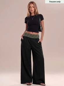 Avantive Women's Waist Patchwork Plaid Wide Leg Loose Long Pants - Multicolor - View 9
