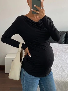 Dazy Maternity Solid Color Fitted Ruched Long Sleeve Casual Daily Vacation Spring Autumn Maternity T-Shirt - Black - View 5