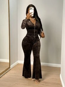 SHEIN BamGlam Women's Brown Velvet Hooded Zip-Up Cropped Sweatshirt And High-Waist Drawstring Flare Pants 2 Pieces Set - Brown - View 1