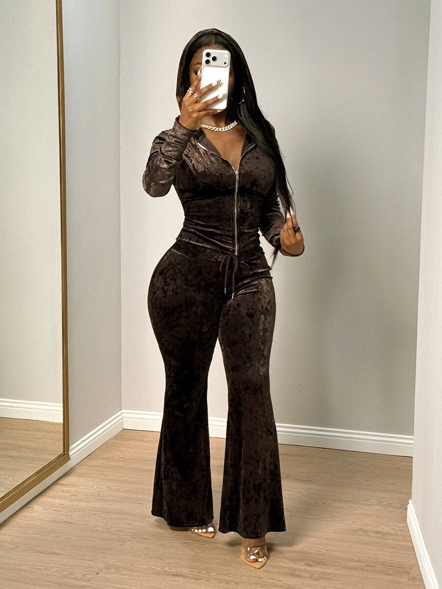 SHEIN BamGlam Women's Brown Velvet Hooded Zip-Up Cropped Sweatshirt And High-Waist Drawstring Flare Pants 2 Pieces Set - Brown - View 1