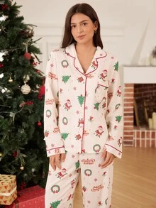 Doze Lane Christmas Themed Cartoon Print Pajamas, Comfortable Lapel Long Sleeve Long Pants Loungewear Set - Apricot - View 6