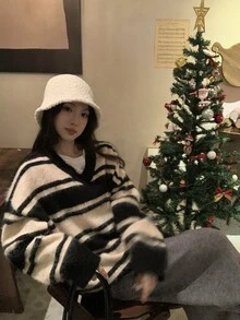 DAZY Women's V-Neck Striped Korean Style Long Sleeve Sweater, Autumn/Winter - Grey - View 1