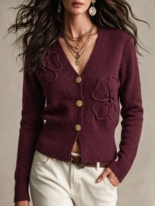SHEIN كارديجان محبوك بأكمام طويلة بتصميم أنيق وقصة ضيقة - الأحمر - مشاهدة 1