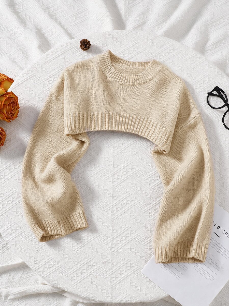 SHEIN Tween Girls Brown Color Stripe Pattern Drop Shoulder Super Crop Y2K Grunge Sweater, Suitable For Daily Wear, Casual Occasion - Khaki - View 1