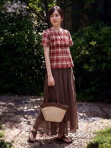 Yumoku 休閒女款夏季格紋短袖襯衫 - 紅色 - 查看 5