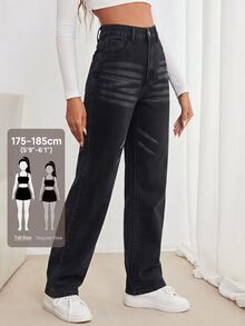 SHEIN Tall 女款休閒日常牛仔褲，附口袋與鈕扣 - 深灰色 - 查看 1