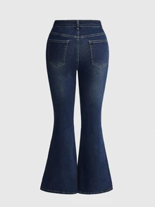 ROMWE Quần jeans denim ống loe size lớn, co giãn cao, thoải mái, họa tiết đính đá, phong cách thường ngày đa năng - Màu xanh lam - Xem 2