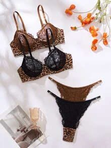 SHEIN Leopard Print Lace Women's Lingerie Set, BRA, Women's Panties, 4 Pieces Total - Black - View 1
