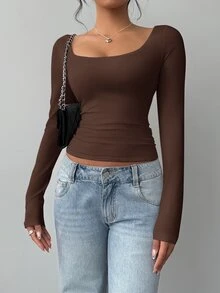 SHEIN BASICS 女款休閒針織修身長袖圓領基本款T恤冬季女裝 - 棕色 - 查看 7