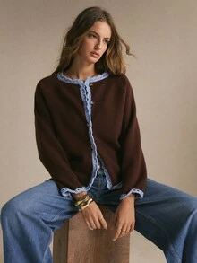 Poéselle Women's Contrast Color Long Sleeve Knit Cardigan, New Autumn/Winter Style - Coffee Brown - View 3