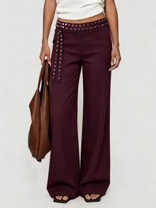 Avenya Low Waist Rivet & Ribbon Decor Wide Leg Pants, Slimming Drape, Casual Daily Commute - Burgundy - View 3