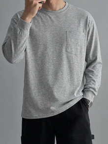 DAZY Camiseta de manga larga fina para hombre de primavera/otoño en color gris con mangas con puño y diseño de bolsillo en el pecho - Gris Claro - Ver 3