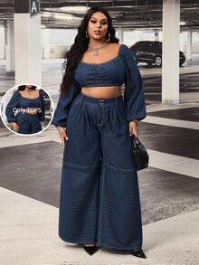 Slaydiva Randig långärmad kort denimtopp med veck för kvinnor i plus size, utan stretch - Mörktvätt - Visa 1