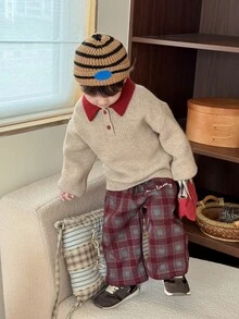 DAZY Infant (Boy) Contrast Color Turn Collar Long Sleeve Autumn/Winter Sweater - Apricot - View 5