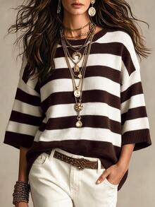 SHEIN Fall Casual Striped Knit Top, Round Neck Drop Shoulder Half‑Sleeve Loose Women Pullover - Multicolor - View 1