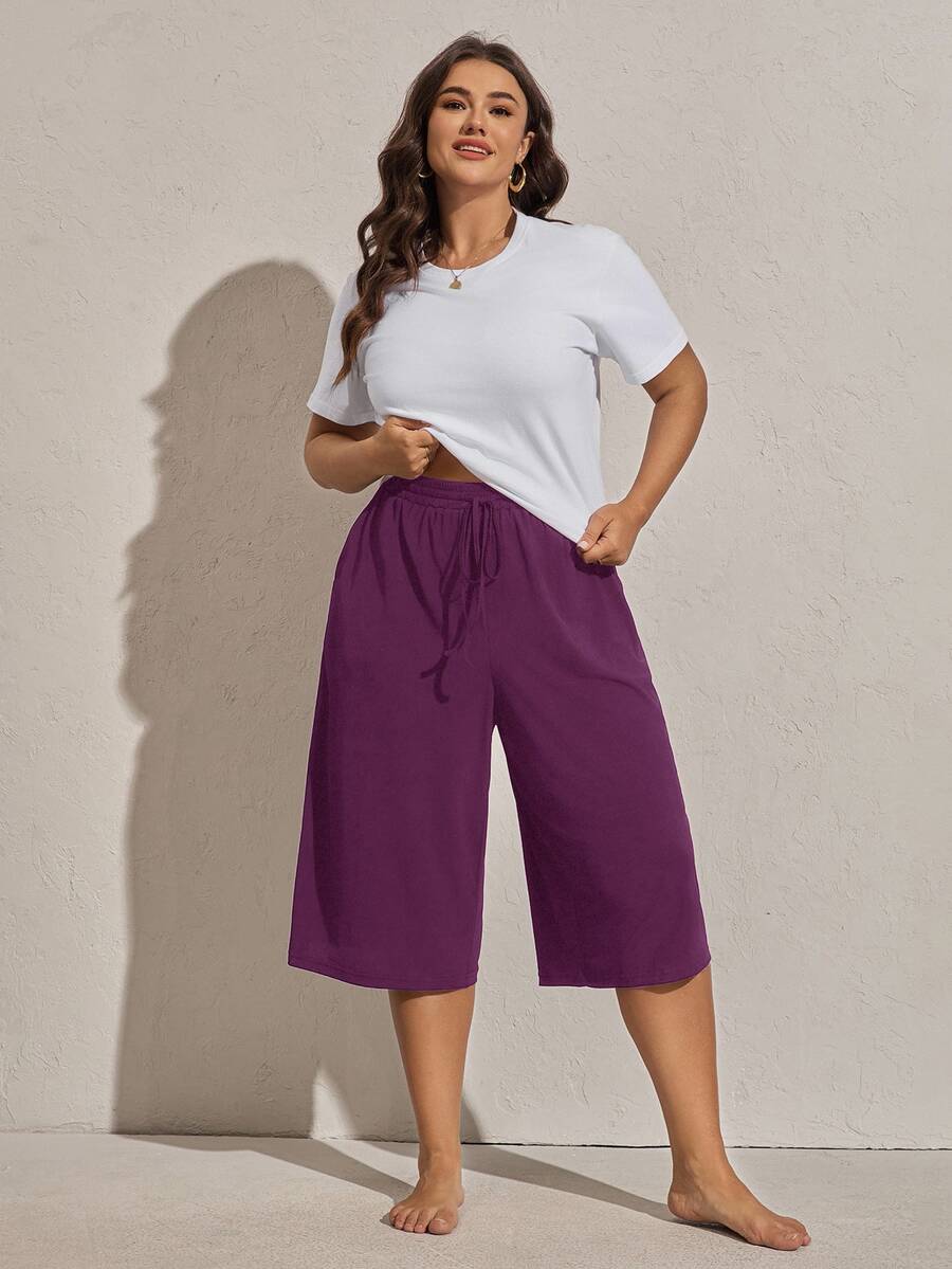 Comfylo Women's Plus Size Summer Silk Knitted Ribbed Fabric Solid Color Baggy Sports Pockets Drawstring Elastic High Waist Pants Beach Lounge Vacation Purple - Magic Mauve - View 1