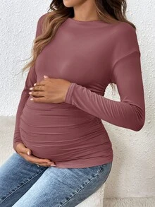 SHEIN 孕婦純色百褶休閒日常長袖T恤 - 藕粉色 - 查看 3