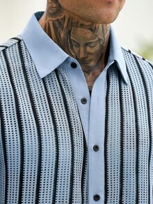 VENTUSAIL 男士針織網眼條紋拼接休閒度假短袖襯衫與純色鬆緊腰短褲套裝 - 淺藍色 - 查看 3