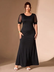 Cravure Women's Round Neck Lantern Short Sleeve Fitted Mermaid Tail Elegant Party Plus Size Dress - Black - View 3