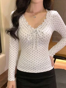 DAZY 女款夏季波點滿版印花抓皺無袖V領套頭休閒背心 - 白色 - 查看 5