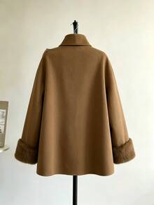 SHEIN Franclia Mantel Panjang Elegan Wanita Warna Polos dengan Manset Bulu dan Plaket Asimetris - Coklat - View 2