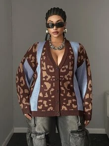 Maweii Cardigan Rajut Lengan Panjang Kancing Tunggal Motif Leopard Blok Warna untuk Wanita Ukuran Plus - Biru - View 5