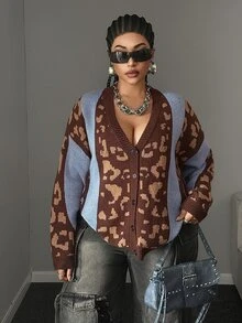 Maweii Cardigan Rajut Lengan Panjang Kancing Tunggal Motif Leopard Blok Warna untuk Wanita Ukuran Plus - Biru - View 4