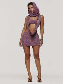 MUSERA Purple Knit Hooded Top And Low Rise Shorts Bandeau Top Co Ord Sold As Set Fall Winter Coolgirl Ultra M - Multicolor - View 3
