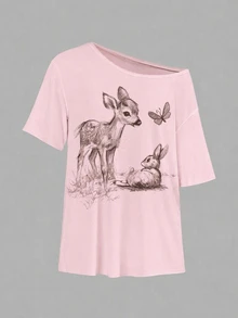 Tseoso Casual Minimalist Full Print Pattern One Shoulder Dropped Shoulder Short Sleeve Loose Fit Women's T-Shirt - Pink - View 5