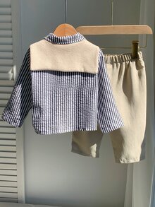 SHEIN 男女嬰兒/幼兒 3件組秋冬休閒可愛學院風條紋襯衫、長褲與披肩多件套裝，襯衫套裝，嬰兒冬季衣物，聖誕節、新年 - 黑與白 - 查看 3