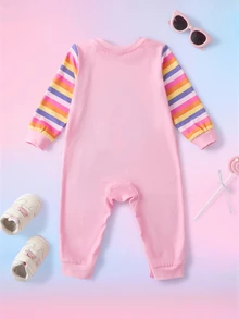 My Little Pony X SHEIN Baby Girl Patchwork Striped Long Sleeve Casual Jumpsuit G4 - Pink - View 2