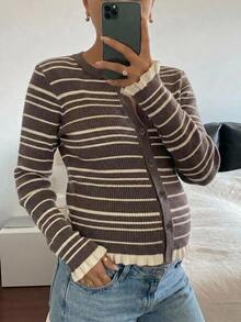 Dazy Maternity Contrast Color Striped Fitted Long Sleeve Ruched Ruffle Round Neck Casual Vacation Street Korean Style Autumn/Winter Knit Cardigan For Pregnant Women - Brown - View 6