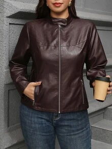 Reflora Plus Size Fashion Streetwear Zipper Long Sleeve PU Material Jacket - Brown - View 7