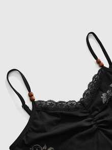 ROMWE Fairycore Women's Floral Print Pleated Contrast Lace Camisole - Black - View 3