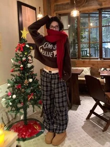 DAZY Women's Round Neck Casual Letter Print Autumn/Winter Long Sleeve Korean Style Colorblock Sweater - Coffee Brown - View 6