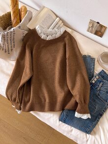 Story & Sage Women's Embroidered Stand Collar Raglan Long Sleeve Casual Sweater - Brown - View 1