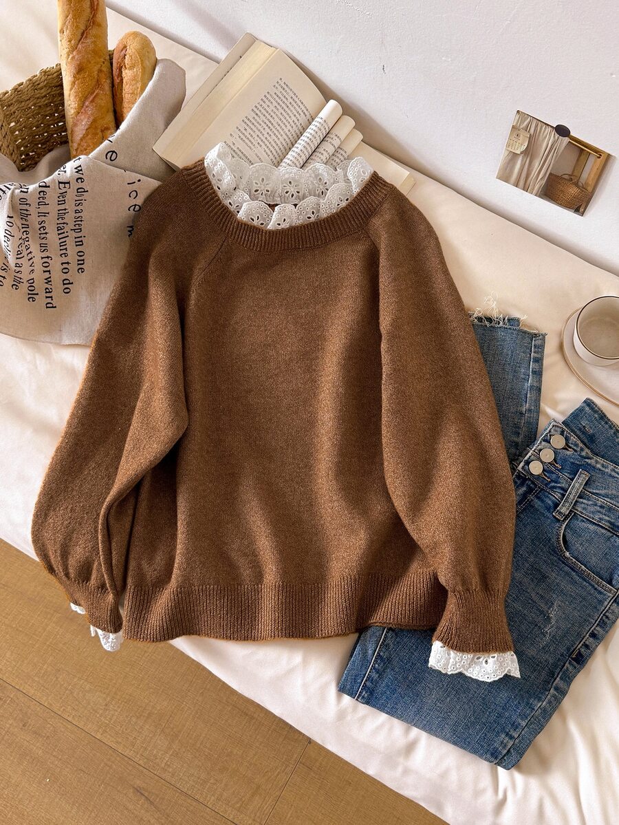 Story & Sage Women's Embroidered Stand Collar Raglan Long Sleeve Casual Sweater - Brown - View 1