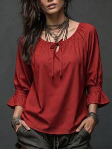 Breezaya 女款休閒百搭條紋前綁帶上衣，適合商務辦公 - 紅色 - 查看 3