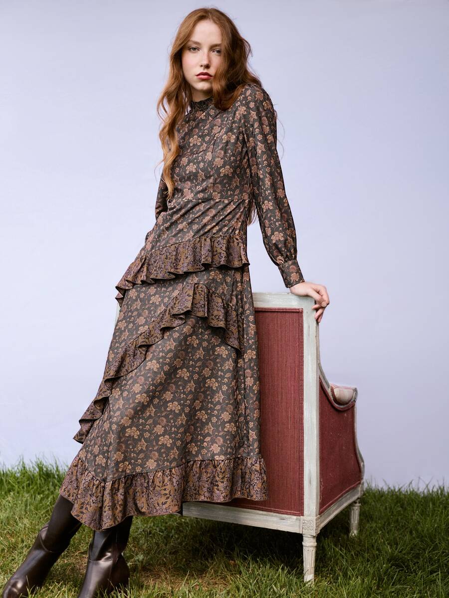 Nöista Floral Midi Dress With Ruffle Neck And Layered Skirt. Fall Winter, Christmas, Valentines, Day To Night. - Coffee Brown - View 1
