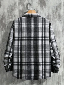 Manfinity Homme Men's Plaid Long Sleeve Single-Breasted Pocket Shacket - Black and White - View 2