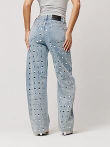 Mid Rise Mirror Studded Baggy Fit Straight Leg Jeans Fall Autumn Winter Back To School Daily Everyday - Blue - View 2