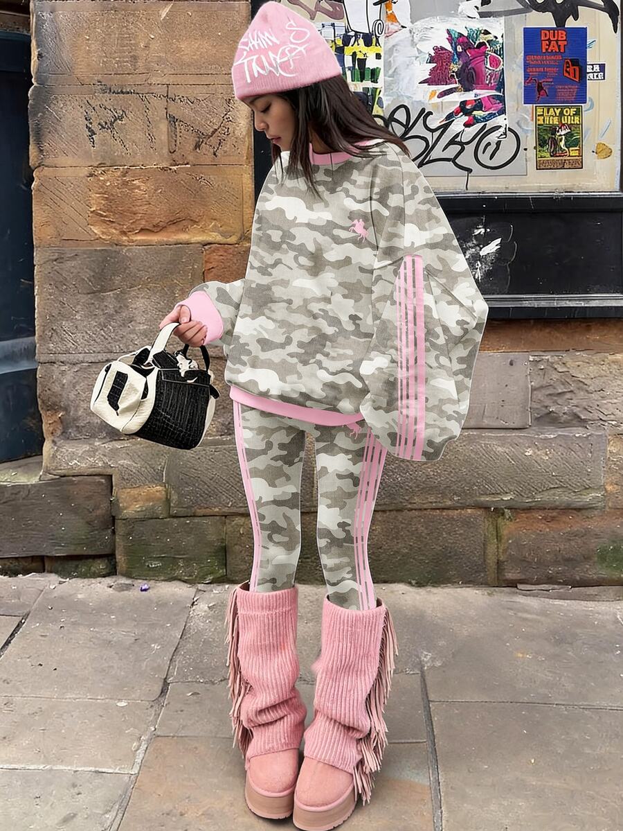 Tween Girls Vintage Sweet Camouflage Print Long Sleeve Sweatshirt And Striped Colorblock Fitted Leggings 2 Pieces Set For Outdoor Picnic - Multicolor - View 1