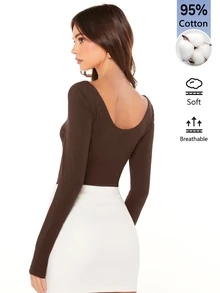 SHEIN BASICS 女款純色極簡百搭長袖T恤，適合日常穿著 - 咖啡棕 - 查看 2