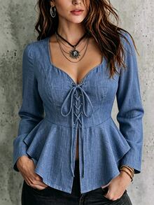 Linhara CURVE Plus Size Women's Two-Tone Faux Linen Comfortable Sleeveless Eyelet Tie Bow Ruffle Trim Open Front Elegant Design Long Sleeve Blouse Blazer Jacket - Blue - View 1