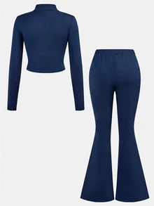 SHEIN NovaGlow Tween Girl Sporty Casual Daily Knit Solid Color Cardigan Jacket & Flared Long Pants Set - Navy Blue - View 3