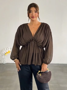 Firerie Plus Size Women Solid Color V-Neck Lantern Sleeve Ruffle Hem Fashion Blouse - Coffee Brown - View 4